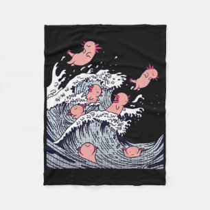 Cute Axolotls Surfing On Wave , Funny Japanese Wav Fleece Blanket