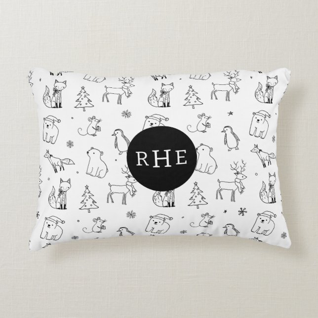 Cute B&W Winter Woodland Animals w Monogram Accent Pillow (Front)