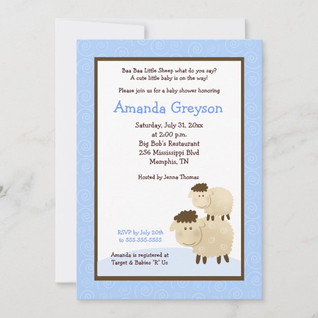 Cute Baa Baa Sheep 5x7 Baby shower Invitation Bleu (Devant)
