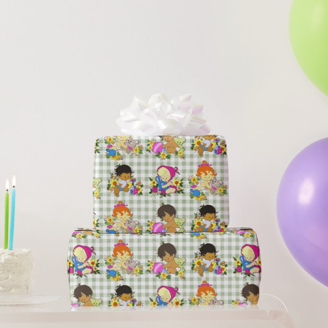 Cute Babies Retro Colourful Sage Green Plaid  Wrapping Paper (Party Gifts)