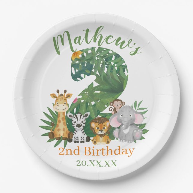  Cute Baby 2nd Second Birthday Jungle Safari Paper Plate (Front)
