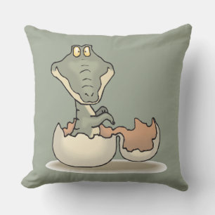 Cute Baby Alligator Cartoon Hatching from Eggshell Throw Pillow
