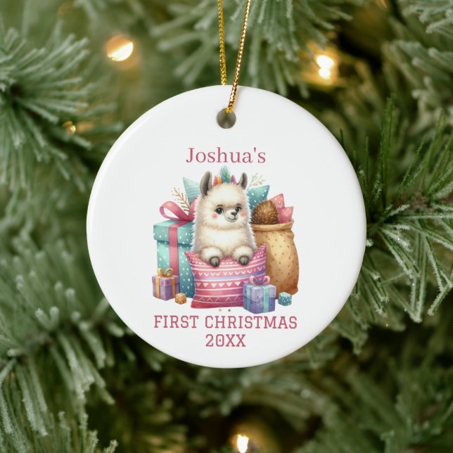 Cute Baby Alpaca Christmas Ceramic Ornament (Tree)