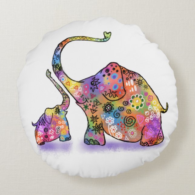 Cute Baby and Mom Elephant Round Pillow (Back)