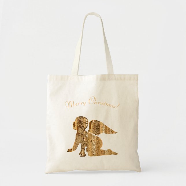 Cute Baby Angel Gold Merry Christmas Holiday Gifts Tote Bag (Front)