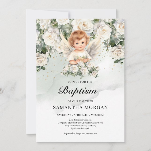 Cute baby angel White Roses Greenery and Gold Invitation (Front)
