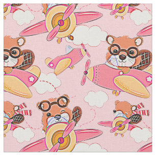 Cute Baby Animal Flying Pink Plane on Pink         Fabric