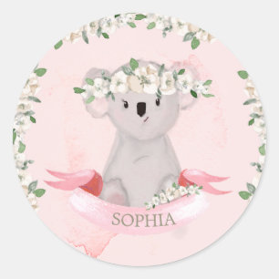 Cute Baby Animal Koala Pink Floral  Classic Round Sticker