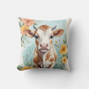 Cute Baby Animals   Adorable Cow Calf Floral Throw Pillow
