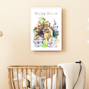 Cute Baby Animals And Happy House Colourful Text Poster