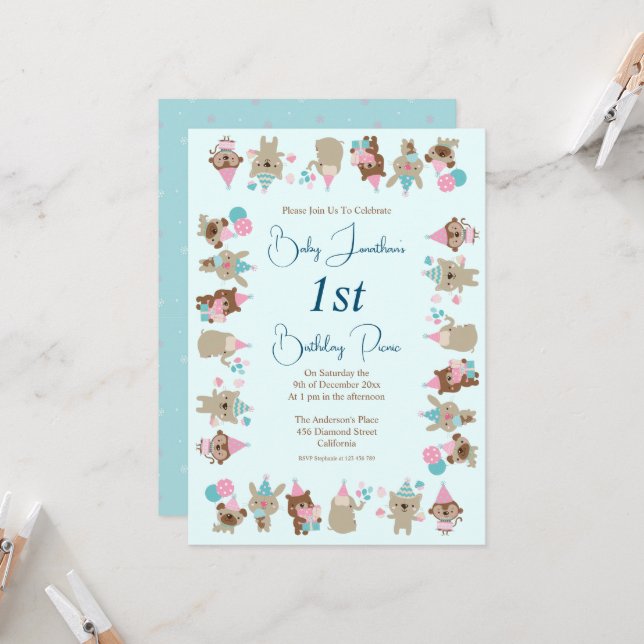 Cute Baby Animals Celebrating 1st Birthday Picnic  Invitation (Front/Back In Situ)