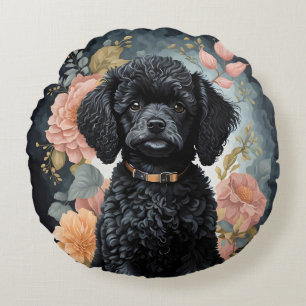 Cute Baby Animals   Cute Black Poodle Puppy Round Pillow