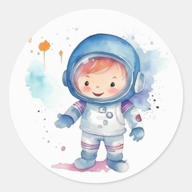 Cute Baby Astronaut Watercolor Classic Round Sticker (Front)