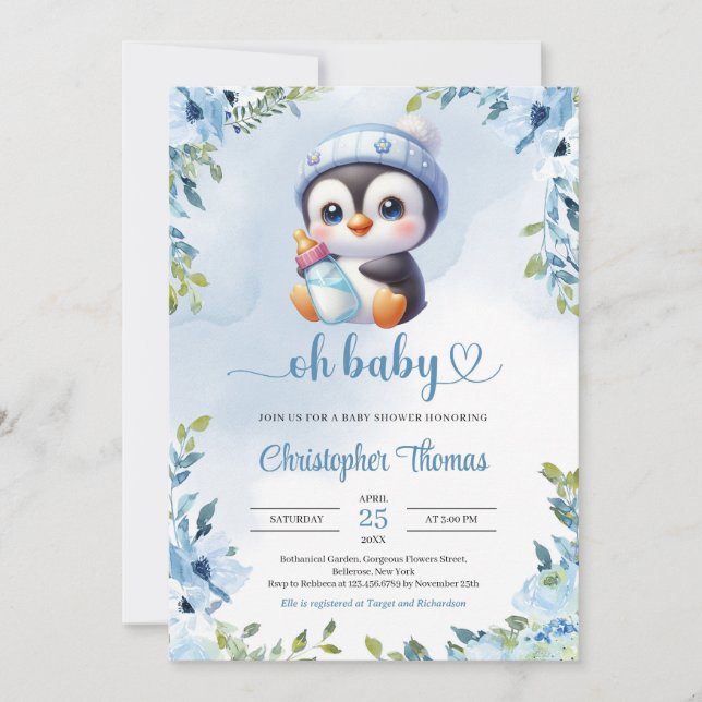 Cute baby baby penguin watercolor blue floral sage invitation (Front)