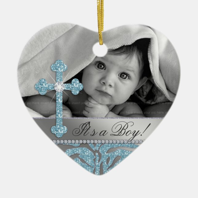 Cute Baby Baptism Cross Birth Announcement Zebra Ceramic Ornament (Front)