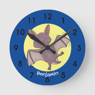 Cute baby bat flying cartoon illustration round clock