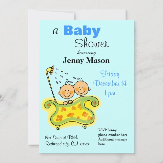 Cute Baby Bath Twin Shower Invite   (Front)