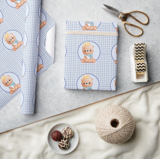 Cute Baby Bear Blue Gingham  Wrapping Paper (Crafts)