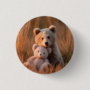 Cute Baby Bear Cub Hugging a Teddy Bear 1 Inch Round Button