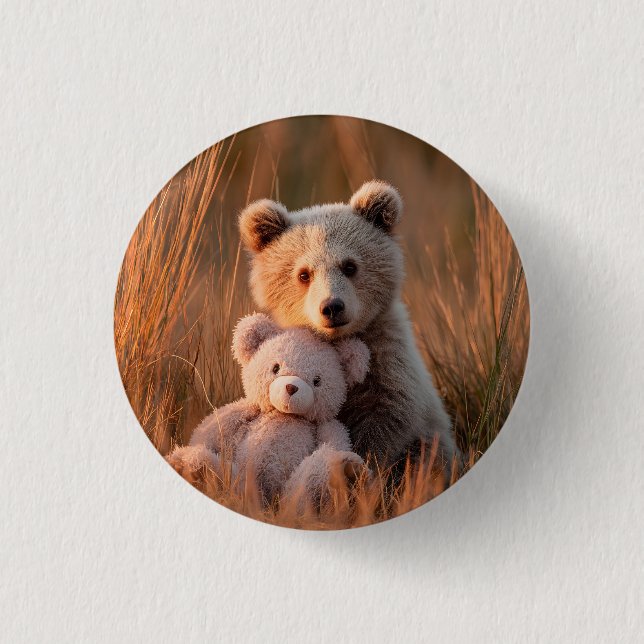 Cute Baby Bear Cub Hugging a Teddy Bear 1 Inch Round Button (Front)