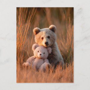 Cute Baby Bear Cub Hugging a Teddy Bear Postcard