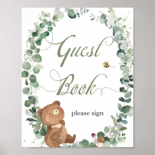 Cute Baby Bear Greenery Baby Shower Guestbook  (Front)