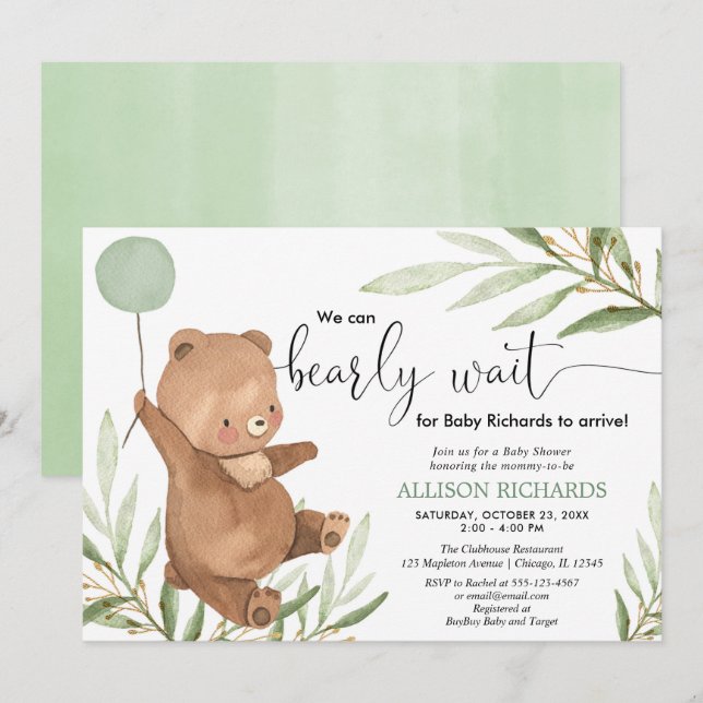 Cute baby bear greenery gold gender neutral shower invitation (Front/Back)