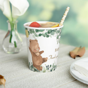 Cute Baby Bear Greenery Neutral Baby Shower Paper Cups