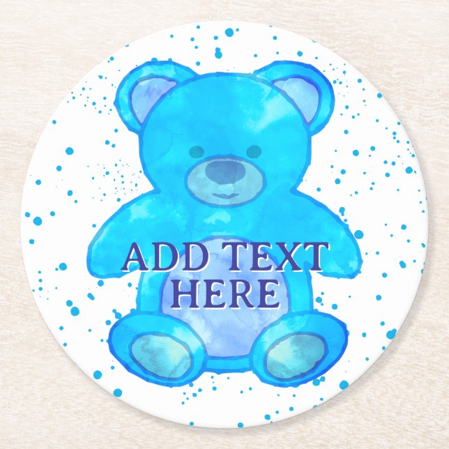 Cute Baby Bear In Blue Custom Text Round Paper Coaster (Front)