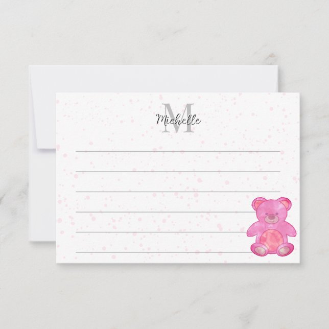 Cute Baby Bear In Pink Custom Lined Monogram  Card (Front)