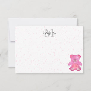 Cute Baby Bear In Pink Custom Monogram Card