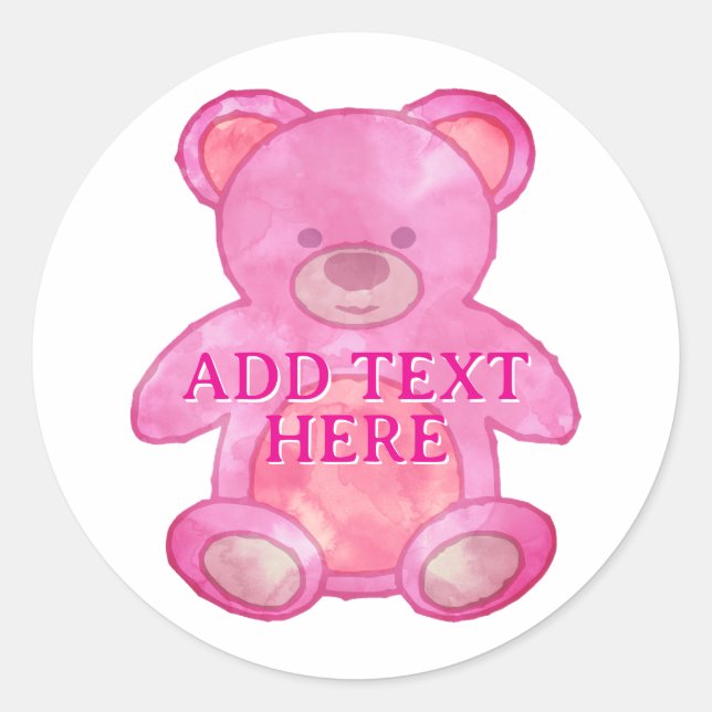 Cute Baby Bear In Pink Custom Text Classic Round Sticker (Front)