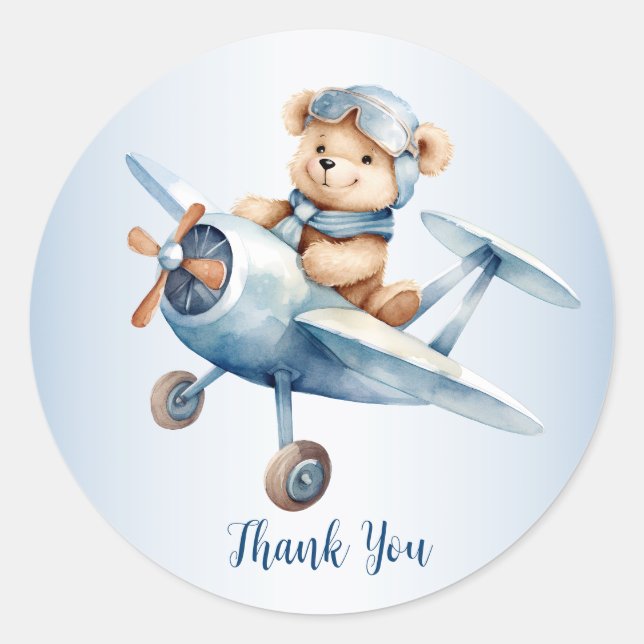Cute Baby Bear Pilot Blue Airplane Beautiful Classic Round Sticker (Front)