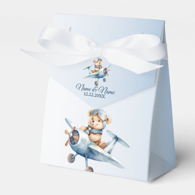 Cute Baby Bear Pilot Blue Airplane Beautiful Favor Box (Front Side)