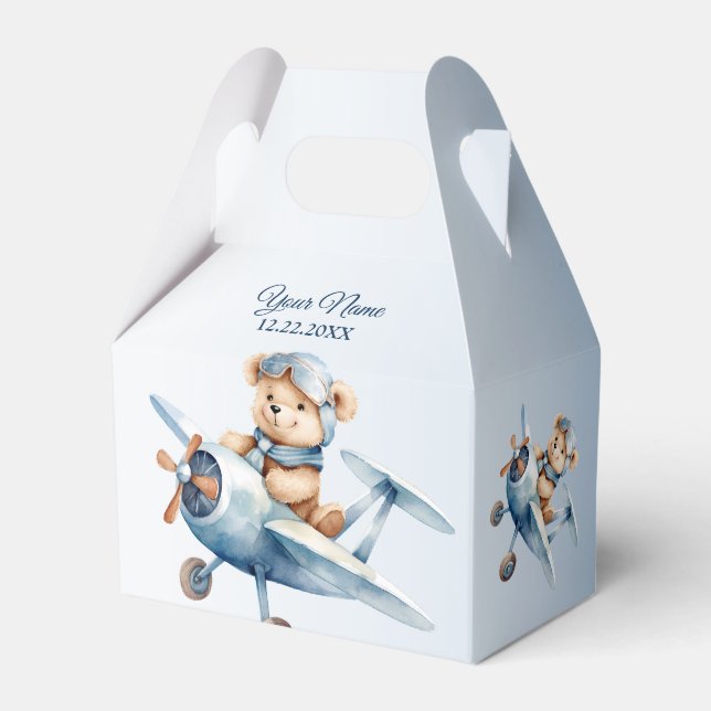 Cute Baby Bear Pilot Blue Airplane Beautiful Favor Box (Front Side)