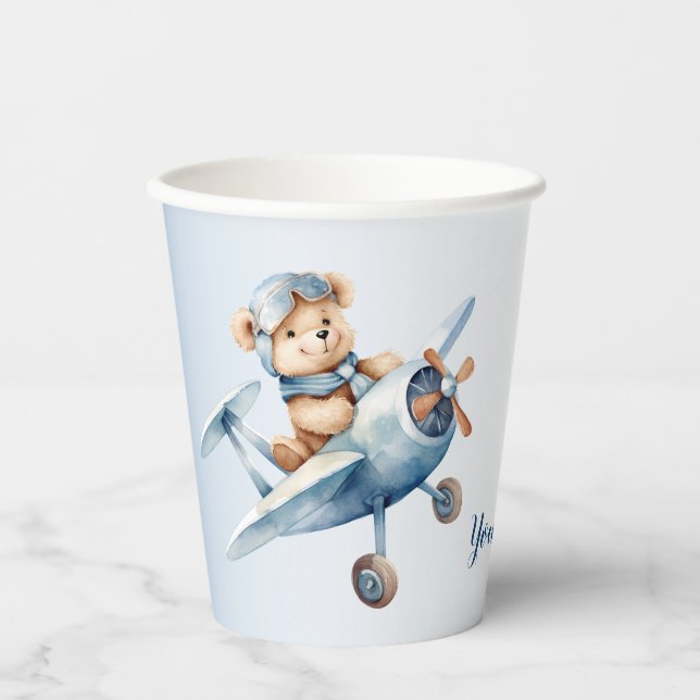 Cute Baby Bear Pilot Blue Airplane Beautiful Paper Cups (Front)
