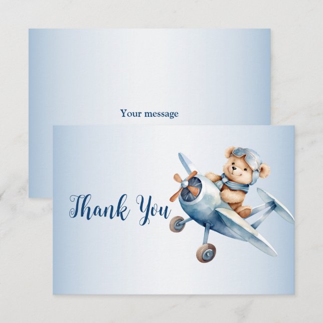 Cute Baby Bear Pilot Blue Airplane Beautiful Thank You Card (Front/Back)
