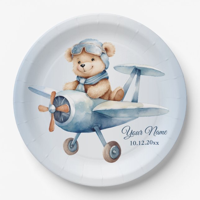 Cute Baby Bear Pilot Blue Airplane Paper Plate (Front)