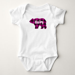 Cute baby bear pink black plaid pattern bodysuit