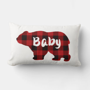 Cute Baby bear red black buffalo plaid pattern Lumbar Pillow