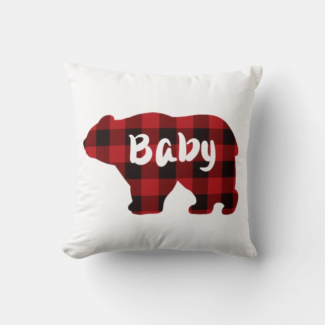 Cute baby bear red black plaid pattern throw pillow (Front)