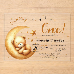 Cute Baby Bear Sleeping On The Moon 1st Birthday Acrylic Invitations