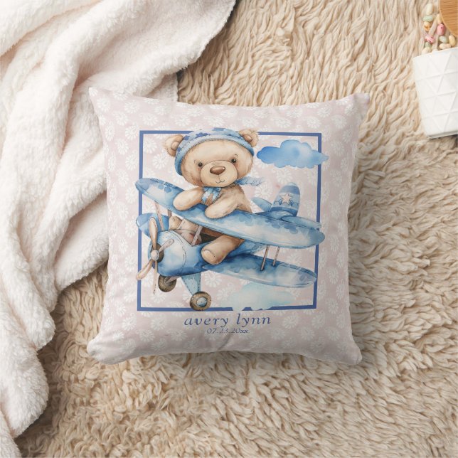 Cute Baby Bear & Toy Airplane Nursery  Throw Pillow (Blanket)