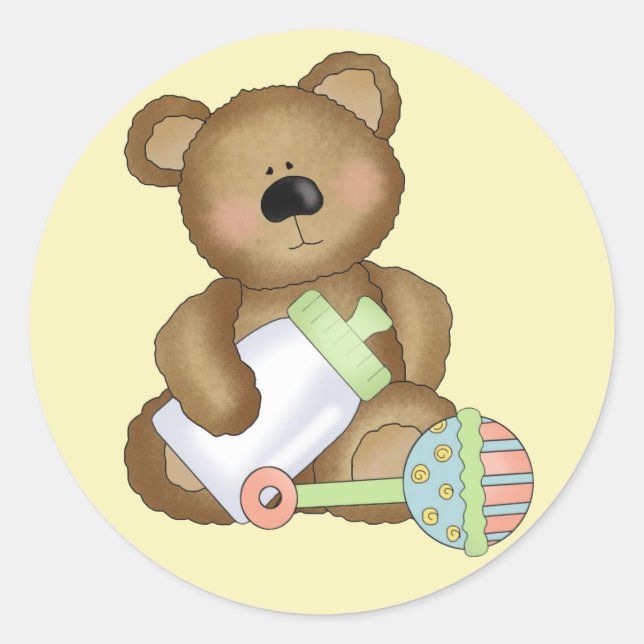 Cute Baby Bear with Baby Bottle and Rattle Classic Round Sticker (Front)