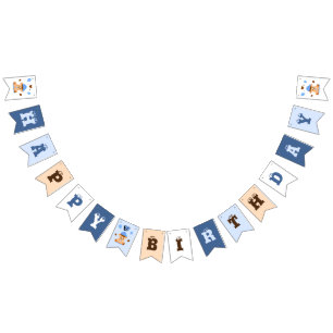 Cute baby bear with balloons bunting flags
