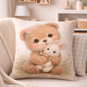 Cute Baby Bear With Bunny Neutral Kids Room Throw Pillow