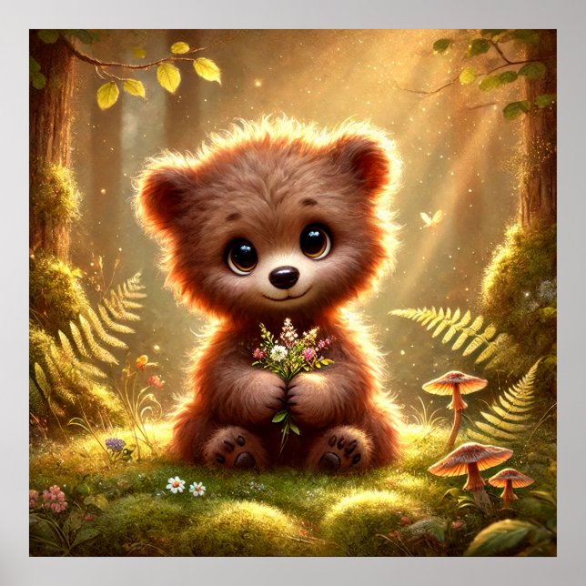 Cute Baby Bear with Flowers in Enchanted Forest |  Poster (Front)
