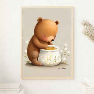 Cute Baby Bear With Honey Pot Kids Poster
