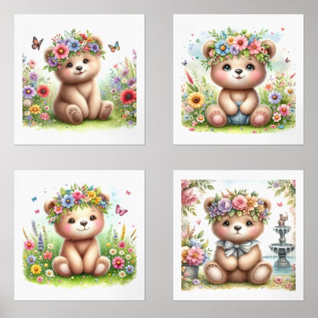 Cute Baby Bears Floral  Nursery Print Set (Front)