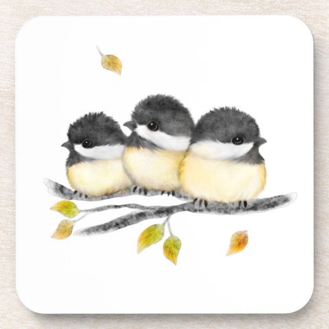 Cute Baby Bird 3 Chickadees on Tree Branch Coaster (Front)